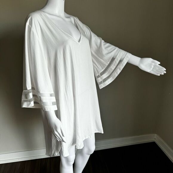 White Belle Sleeve V-Neck Chiffon/Rayon Beach Cover-Up XL - Picture 1 of 7